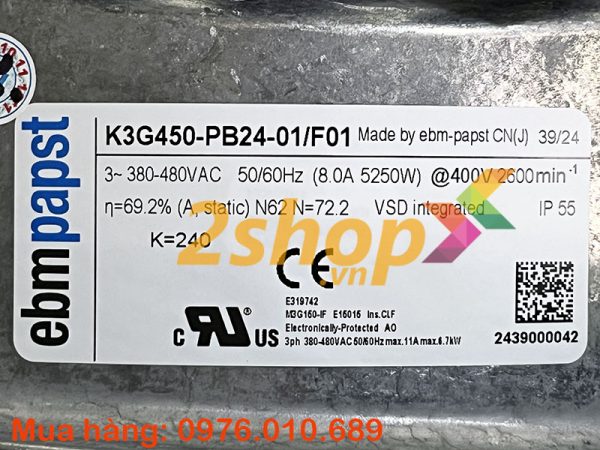 Quạt ly tâm EC EBMPAPST K3G450-PB24-01/F01, 400V, 450mm