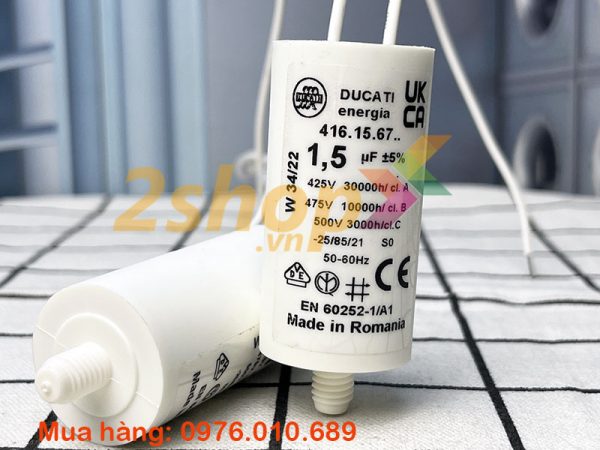 Tụ điện DUCATI CBB60 1.5uF, 425/475/500VAC Dây cắm có ốc bắt