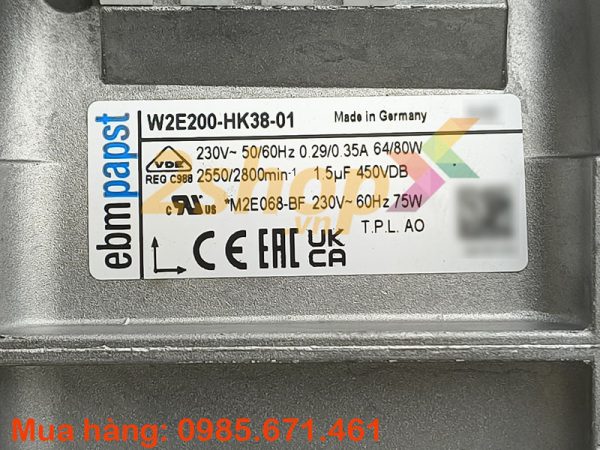 Quạt EBMPAPST W2E200-HK38-01, 230V, 225x225x80mm